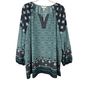 CJ Banks Women's Geometric Boho Tunic  Blouse - Blue & Green | 3X